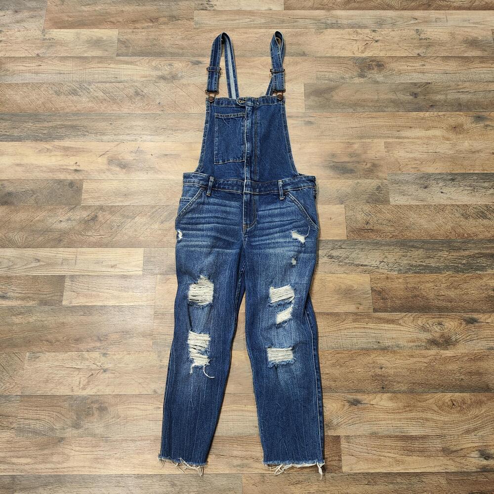 Hollister Super Skinny Crop Overall Womens Medium Blue Distressed Denim Raw Hem